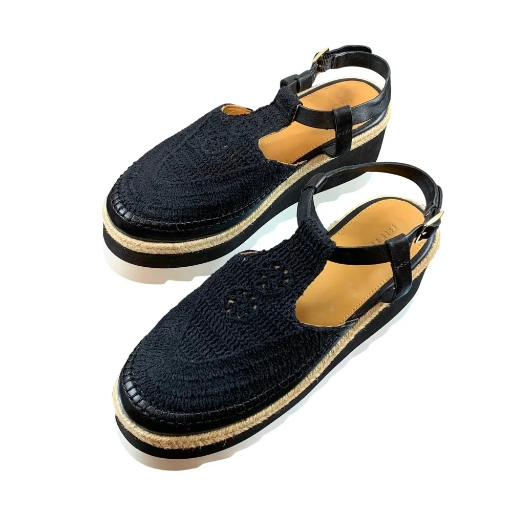 Free People Morning In Mykonos Espadrille Sandals Black Crochet Platform Size 9